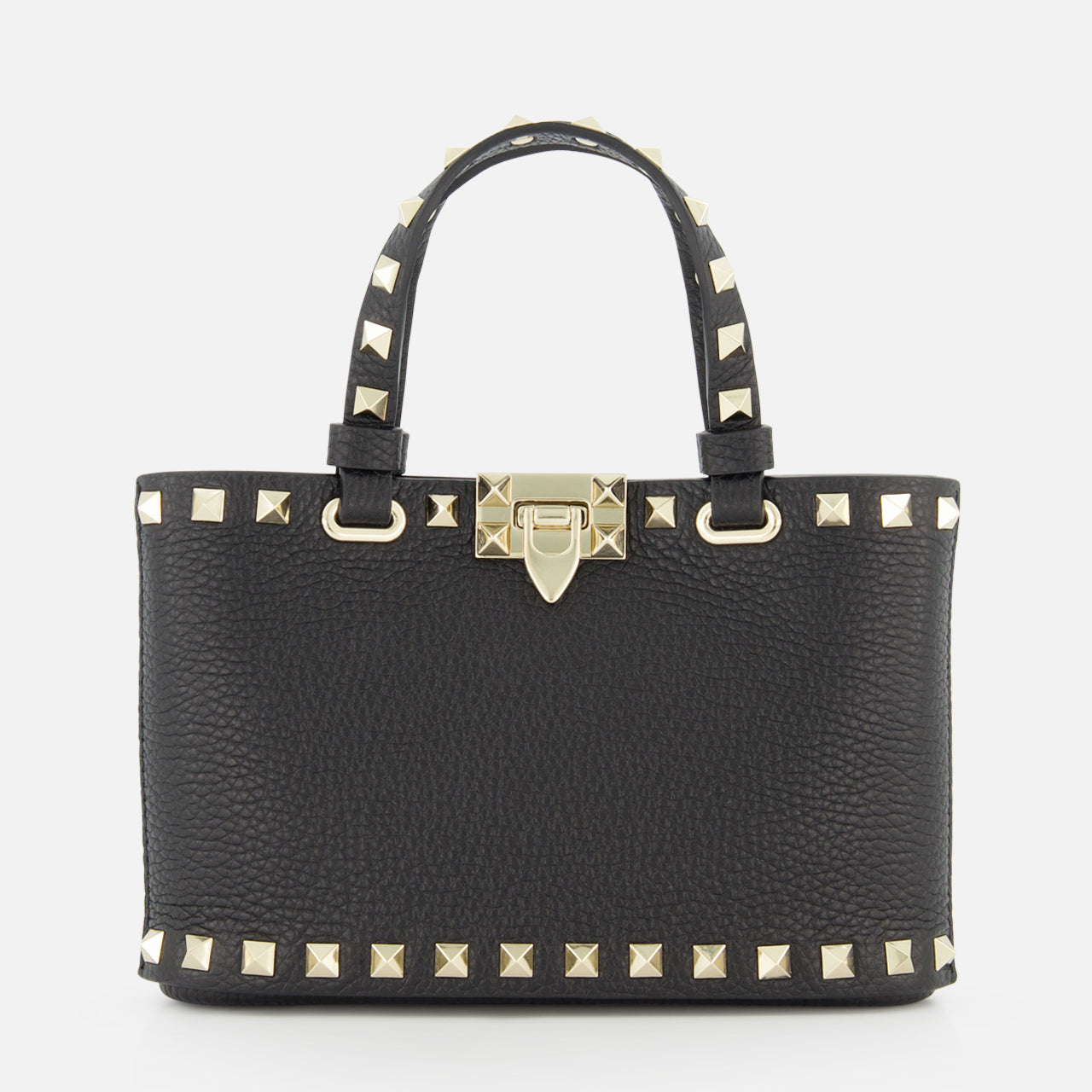 The Valentino Garavani Rockstud Removable Chain Strap Mini Bag is a chic black leather purse with dual handles, gold pyramid studs on the edges and handles, and a gold front clasp, inspired by Valentino’s signature style.