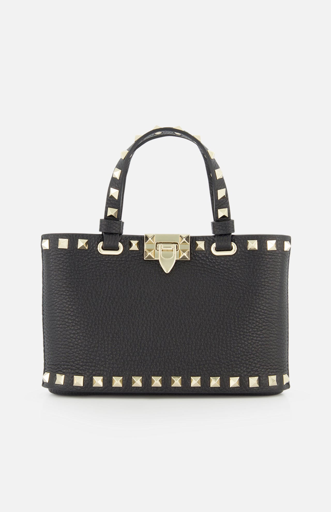 The Valentino Garavani Rockstud Removable Chain Strap Mini Bag is a chic black leather purse with dual handles, gold pyramid studs on the edges and handles, and a gold front clasp, inspired by Valentino’s signature style.