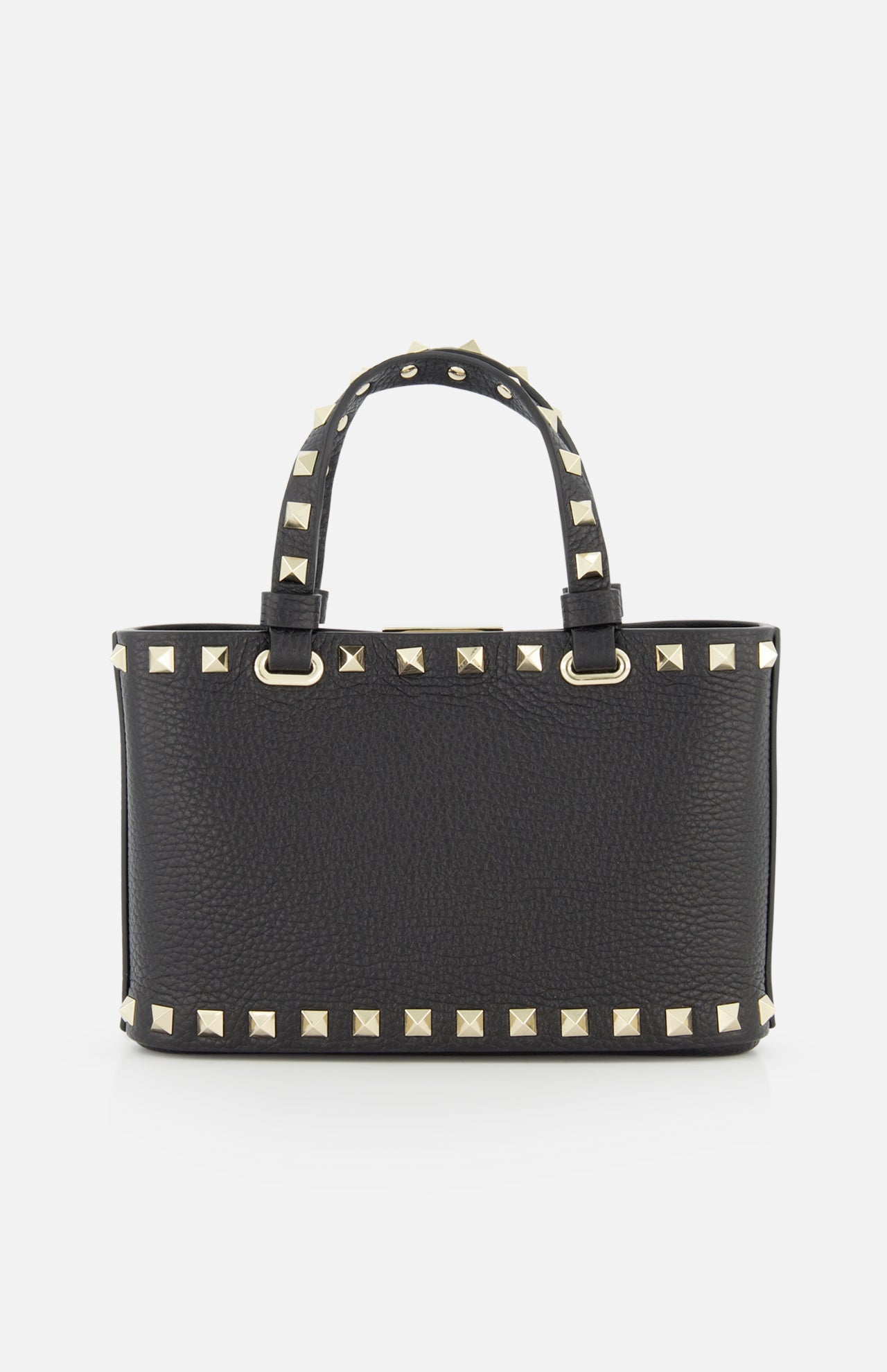 The VALENTINO GARAVANI Rockstud Removable Chain Strap Mini Bag is a black leather purse with two handles, featuring rows of gold pyramid studs along the edges and handles, displayed against a plain white background.
