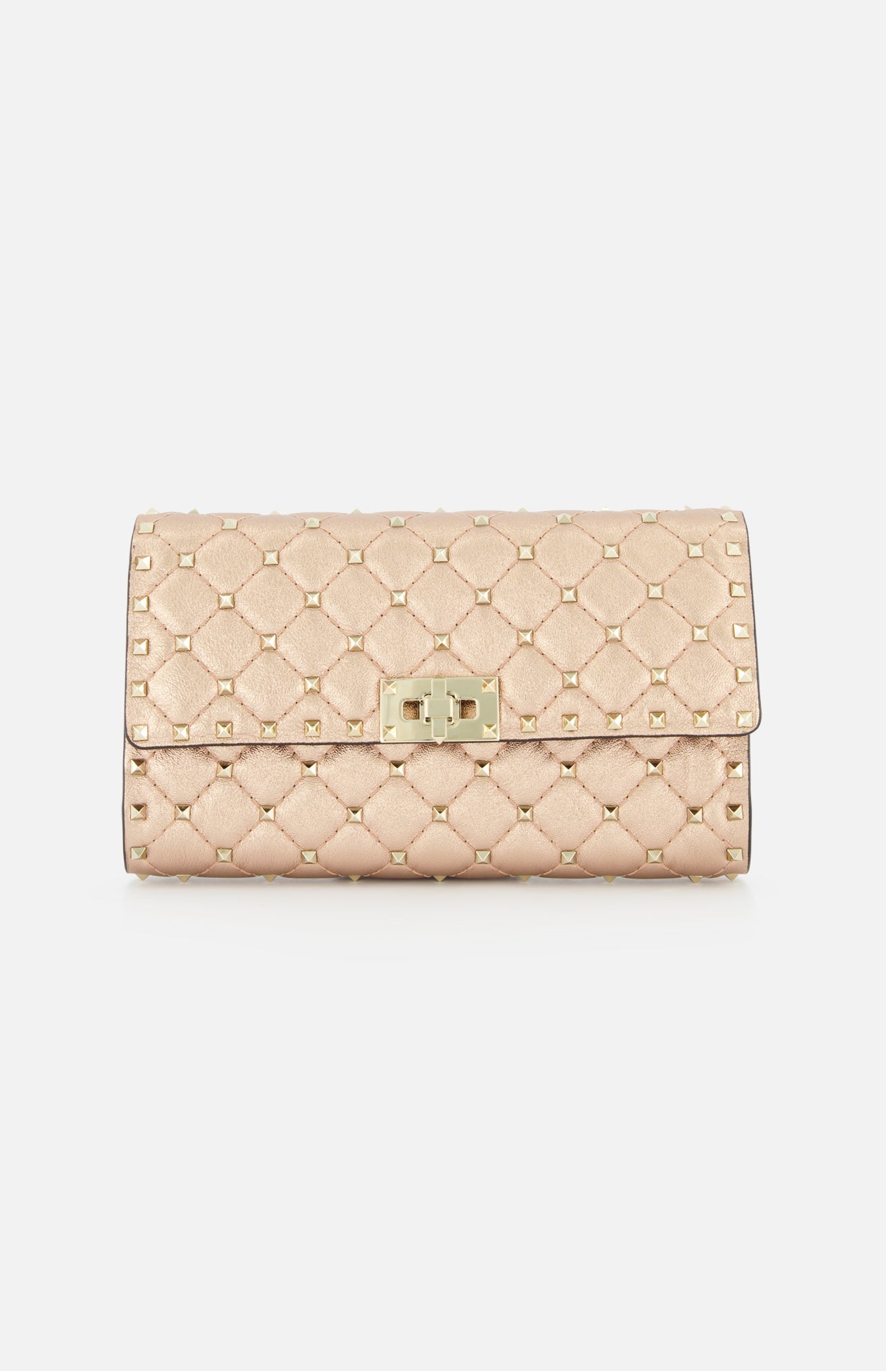 The VALENTINO GARAVANI Rockstud Spike Shoulder Bag is a beige, quilted leather bag with gold-tone studs, a rectangular metal clasp, and a removable chain strap, shown against a plain white background.