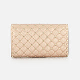 The VALENTINO GARAVANI Rockstud Spike Shoulder Bag in beige quilted leather features gold-tone studs in a diamond pattern and a removable chain strap, displayed against a plain white background.