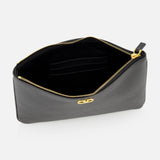 The VALENTINO GARAVANI V Logo Signature Medium Flat Pouch features black leather, gold hardware, a roomy black interior, and several card slots—making this stylish clutch ideal for any occasion.