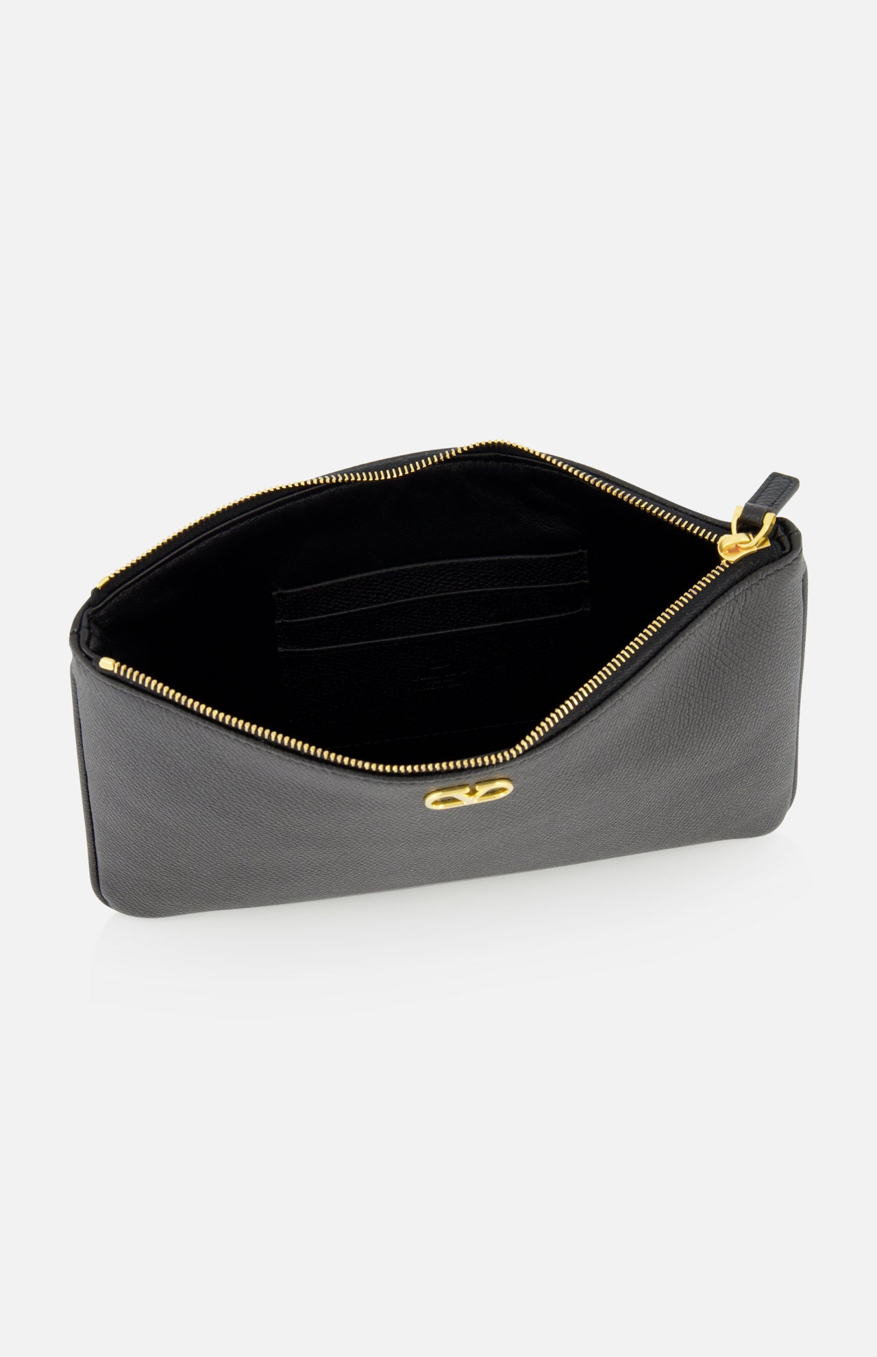 The VALENTINO GARAVANI V Logo Signature Medium Flat Pouch features black leather, gold hardware, a roomy black interior, and several card slots—making this stylish clutch ideal for any occasion.