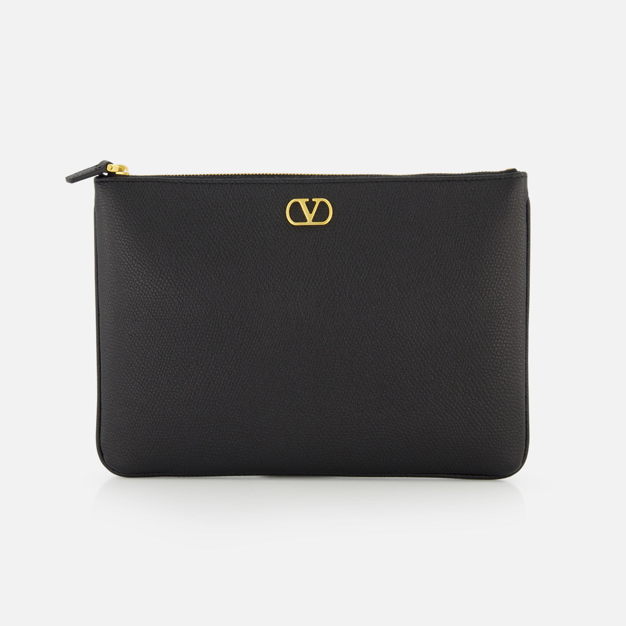 The VALENTINO GARAVANI V Logo Signature Medium Flat Pouch is a black leather clutch featuring a gold logo on the front, shown against a white background.