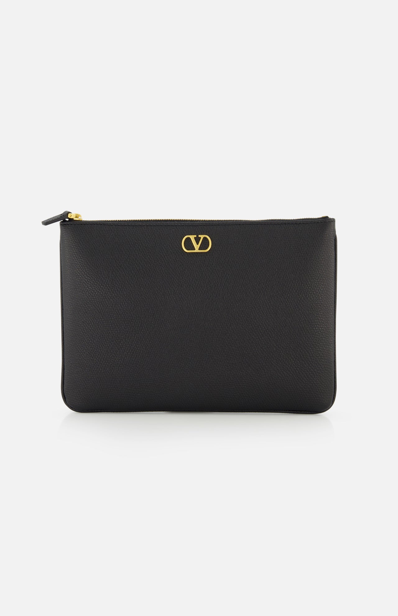The VALENTINO GARAVANI V Logo Signature Medium Flat Pouch is a black leather clutch featuring a gold logo on the front, shown against a white background.