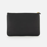 The VALENTINO GARAVANI V Logo Signature Medium Flat Pouch features black textured leather and a gold zipper pull, shown against a plain white background.