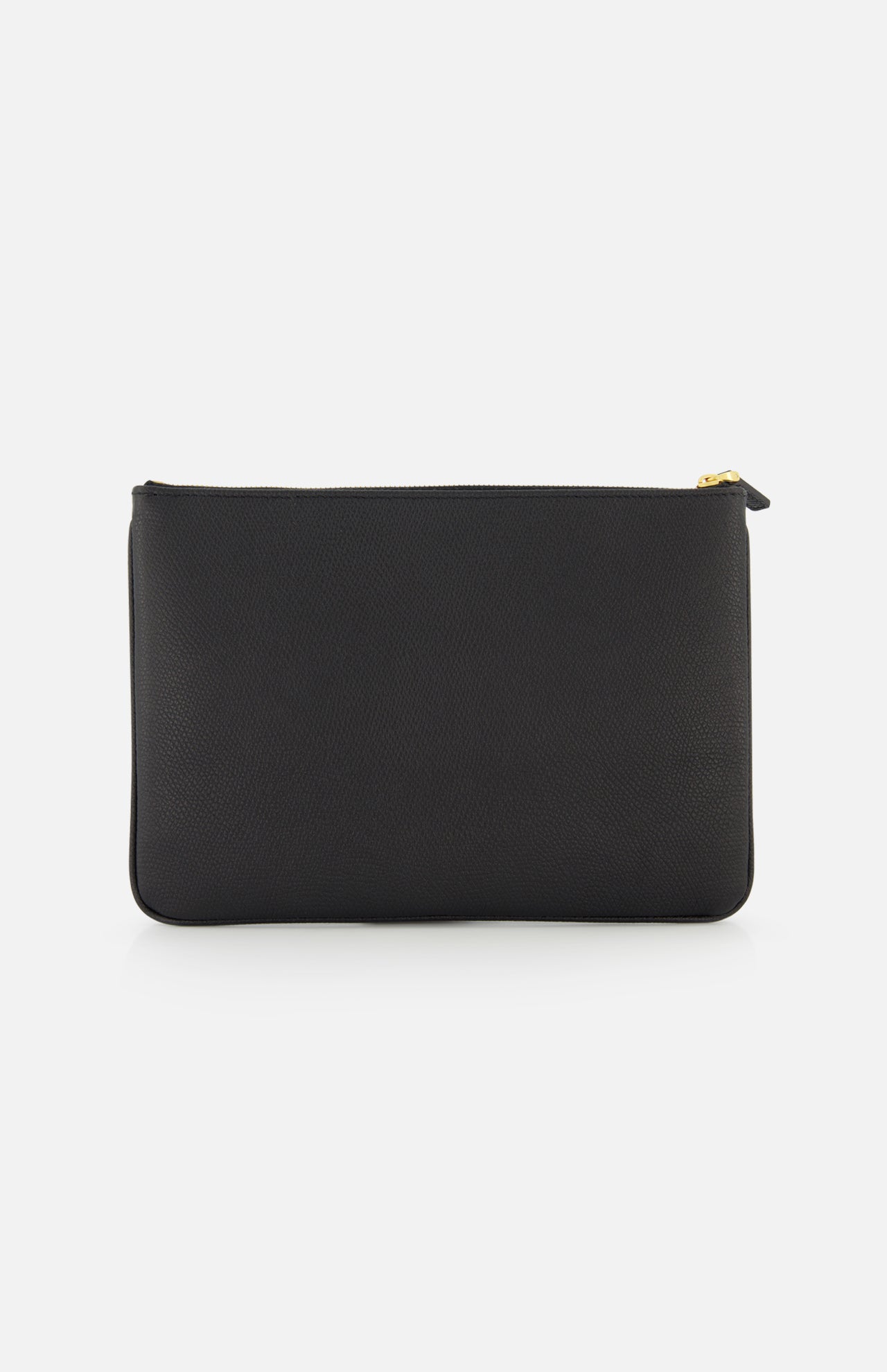 The VALENTINO GARAVANI V Logo Signature Medium Flat Pouch features black textured leather and a gold zipper pull, shown against a plain white background.