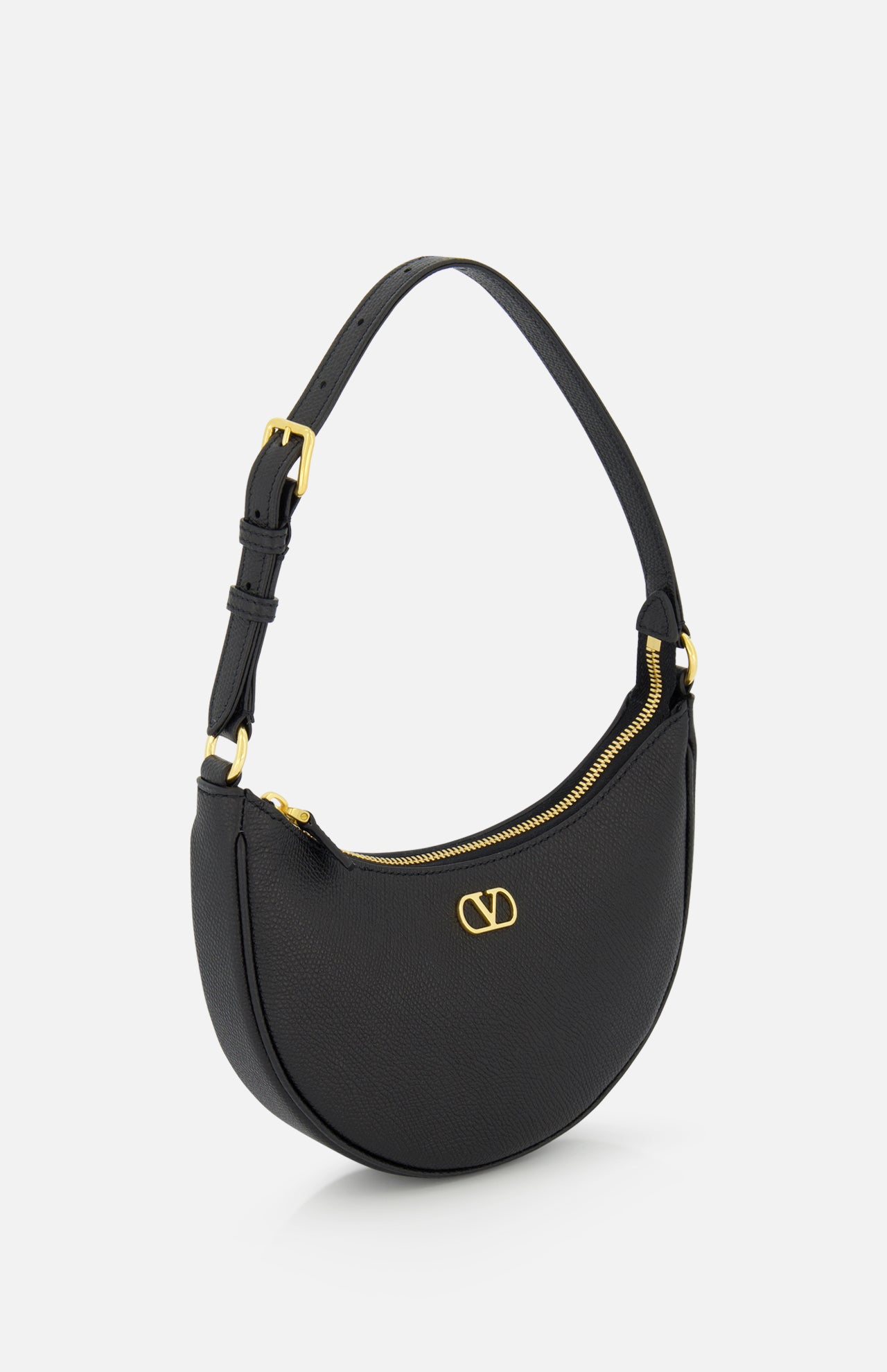 The VALENTINO GARAVANI V Logo Signature Mini Hobo Bag is a black leather crescent-shaped bag with a short adjustable strap, gold zipper, and gold logo detail on the front, shown against a plain white background.