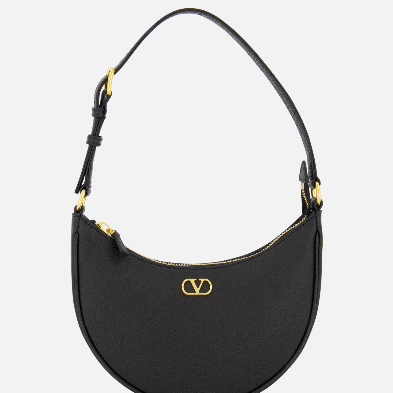 The VALENTINO GARAVANI V Logo Signature Mini Hobo Bag features black leather, a crescent shape, single adjustable strap, gold-tone hardware, and a gold Valentino logo on the front, shown against a plain white background.