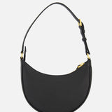 The VALENTINO GARAVANI V Logo Signature Mini Hobo Bag is a black leather, crescent-shaped mini shoulder bag with gold hardware and a single adjustable strap, shown against a plain white background.