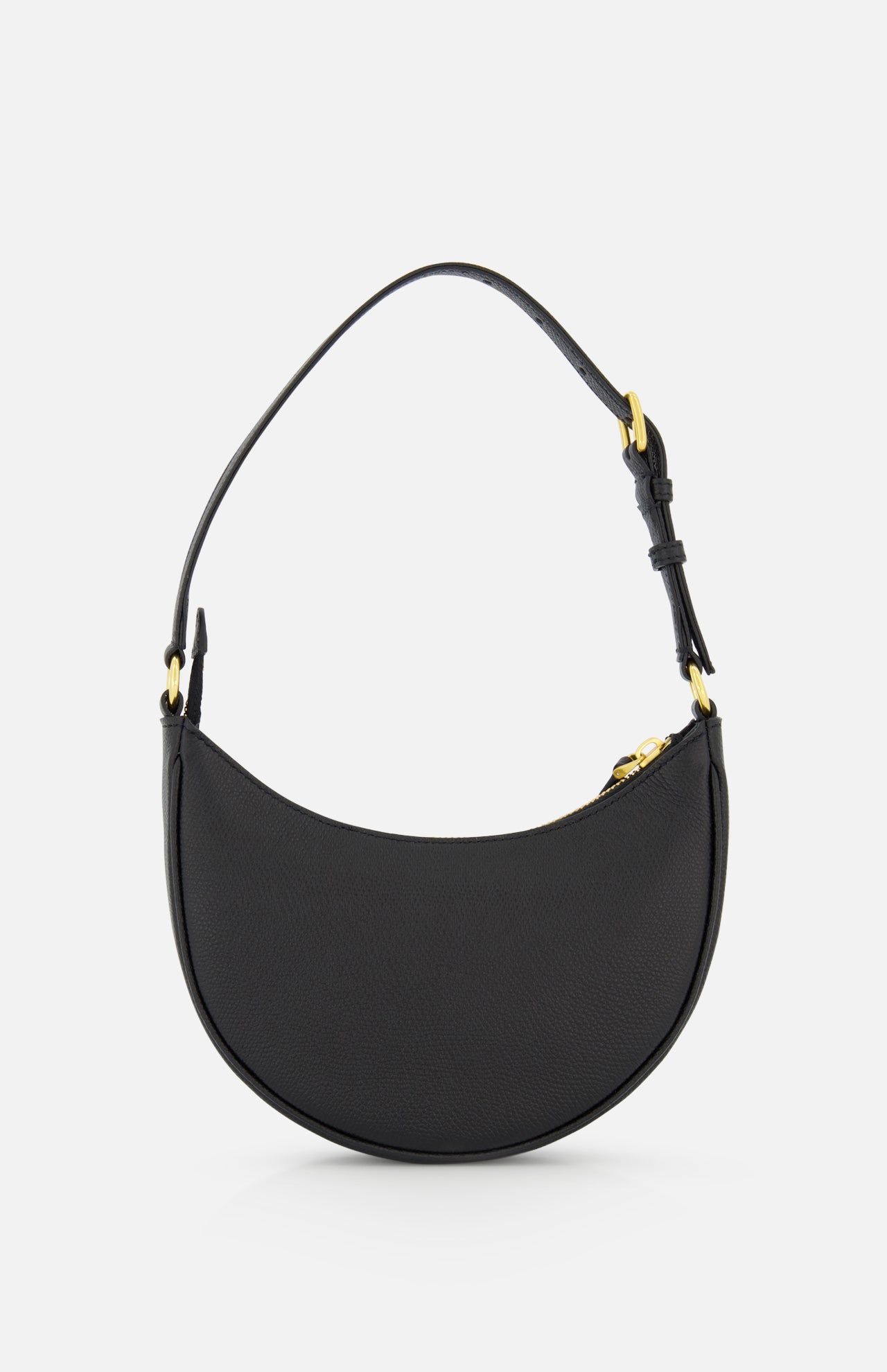 The VALENTINO GARAVANI V Logo Signature Mini Hobo Bag is a black leather, crescent-shaped mini shoulder bag with gold hardware and a single adjustable strap, shown against a plain white background.