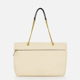 The VALENTINO GARAVANI Viva Superstar Large Tote Bag in cream leather features a gold chain and black leather strap, front zip pocket, and minimalist design—an ideal day bag shown on a plain white background.