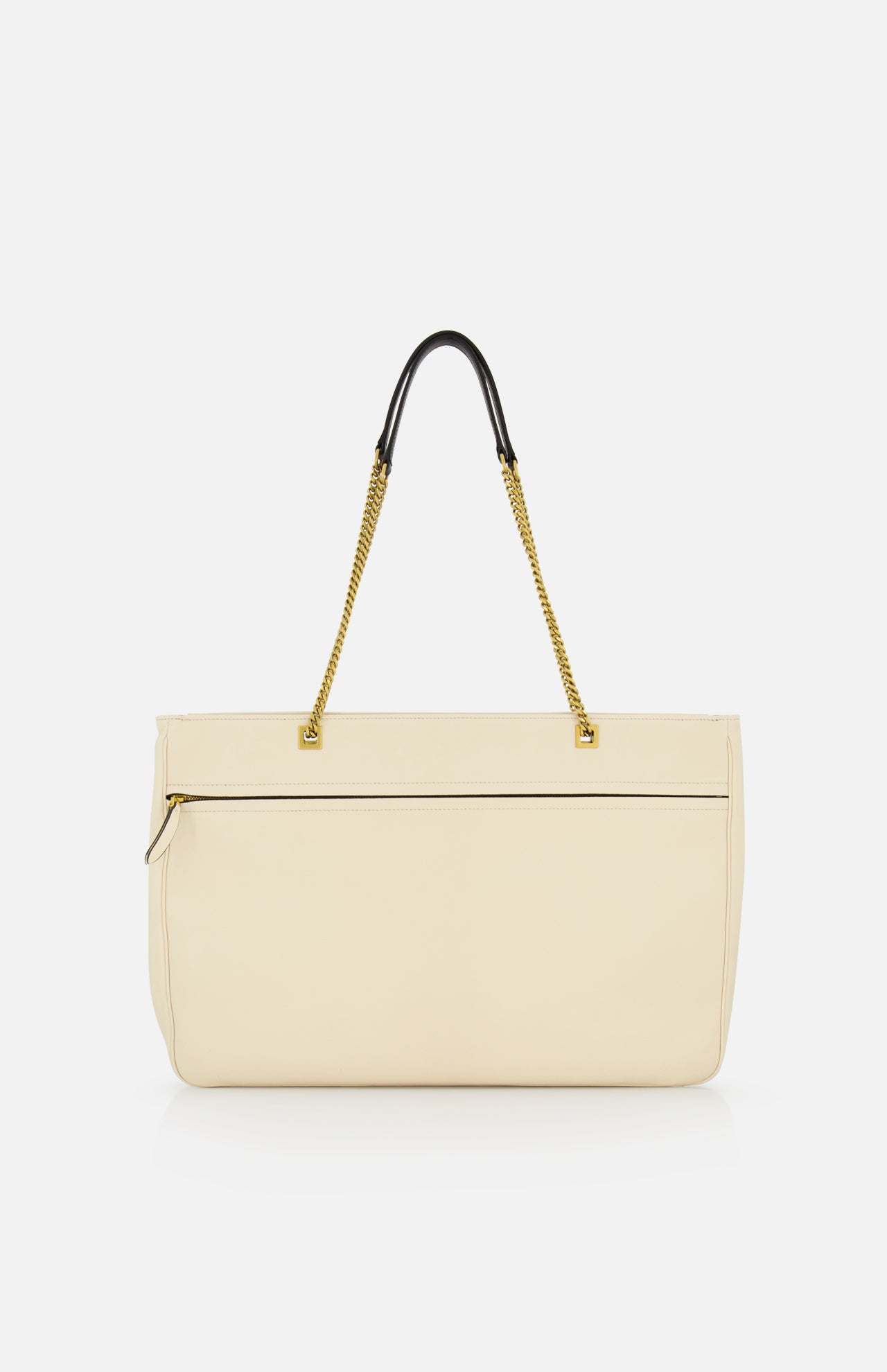The VALENTINO GARAVANI Viva Superstar Large Tote Bag in cream leather features a gold chain and black leather strap, front zip pocket, and minimalist design—an ideal day bag shown on a plain white background.