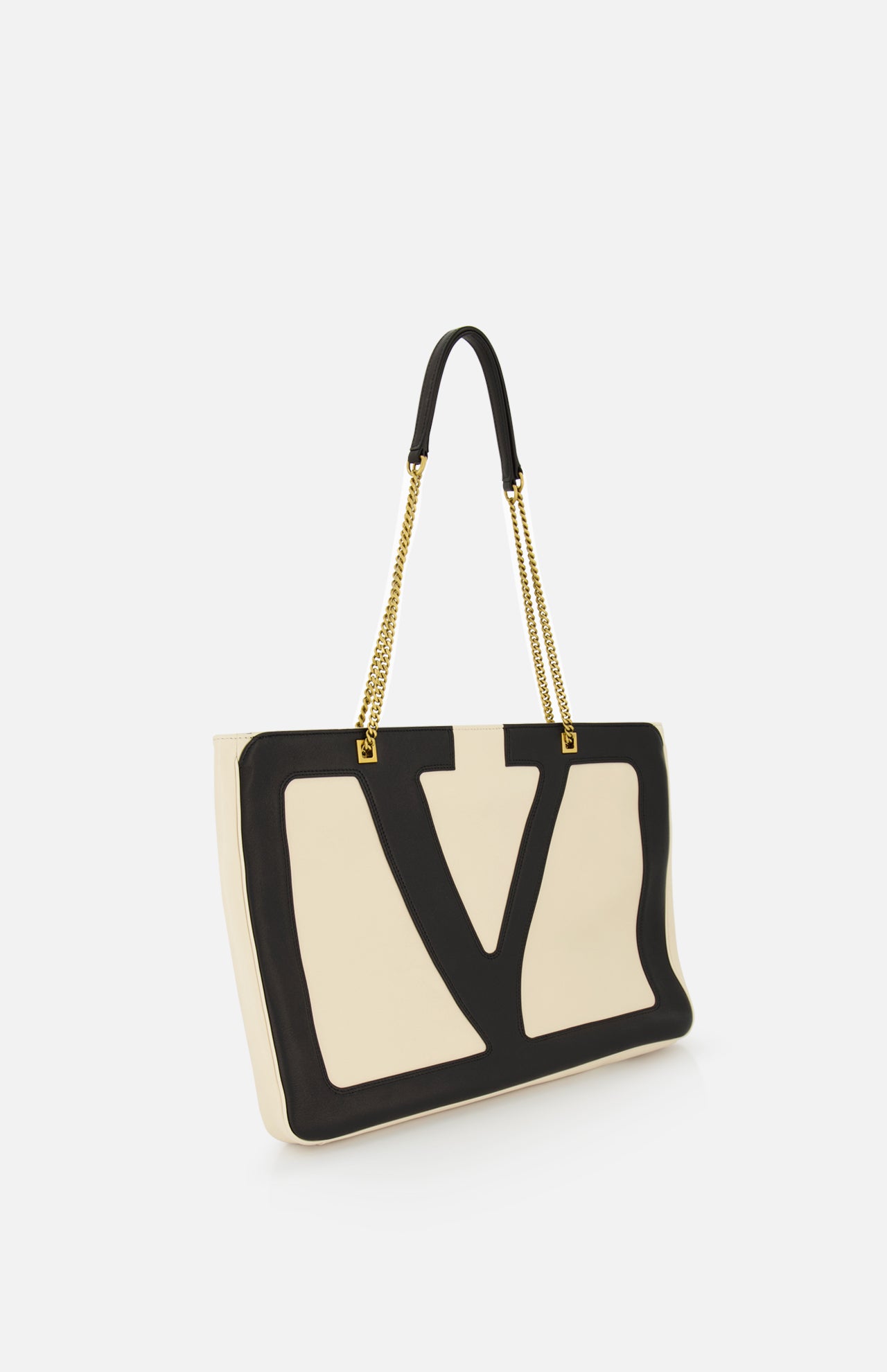 The VALENTINO GARAVANI Viva Superstar Large Tote Bag features cream leather with black V-shaped trim, gold chain and black leather straps—a chic day bag shown against a plain white background.