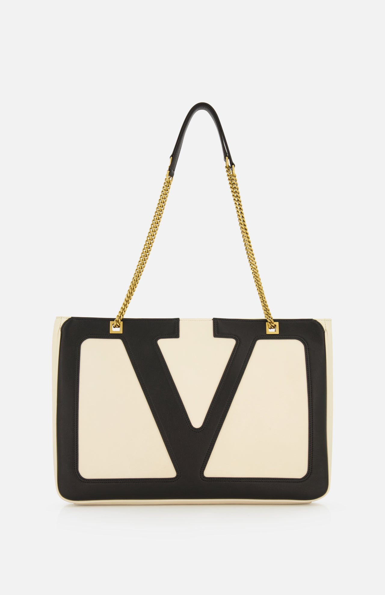 The VALENTINO GARAVANI Viva Superstar Medium Tote Bag is a cream leather rectangular tote with black trim, bold black VLogo on the front, and gold chain plus black leather shoulder strap—perfect for chic daily style.