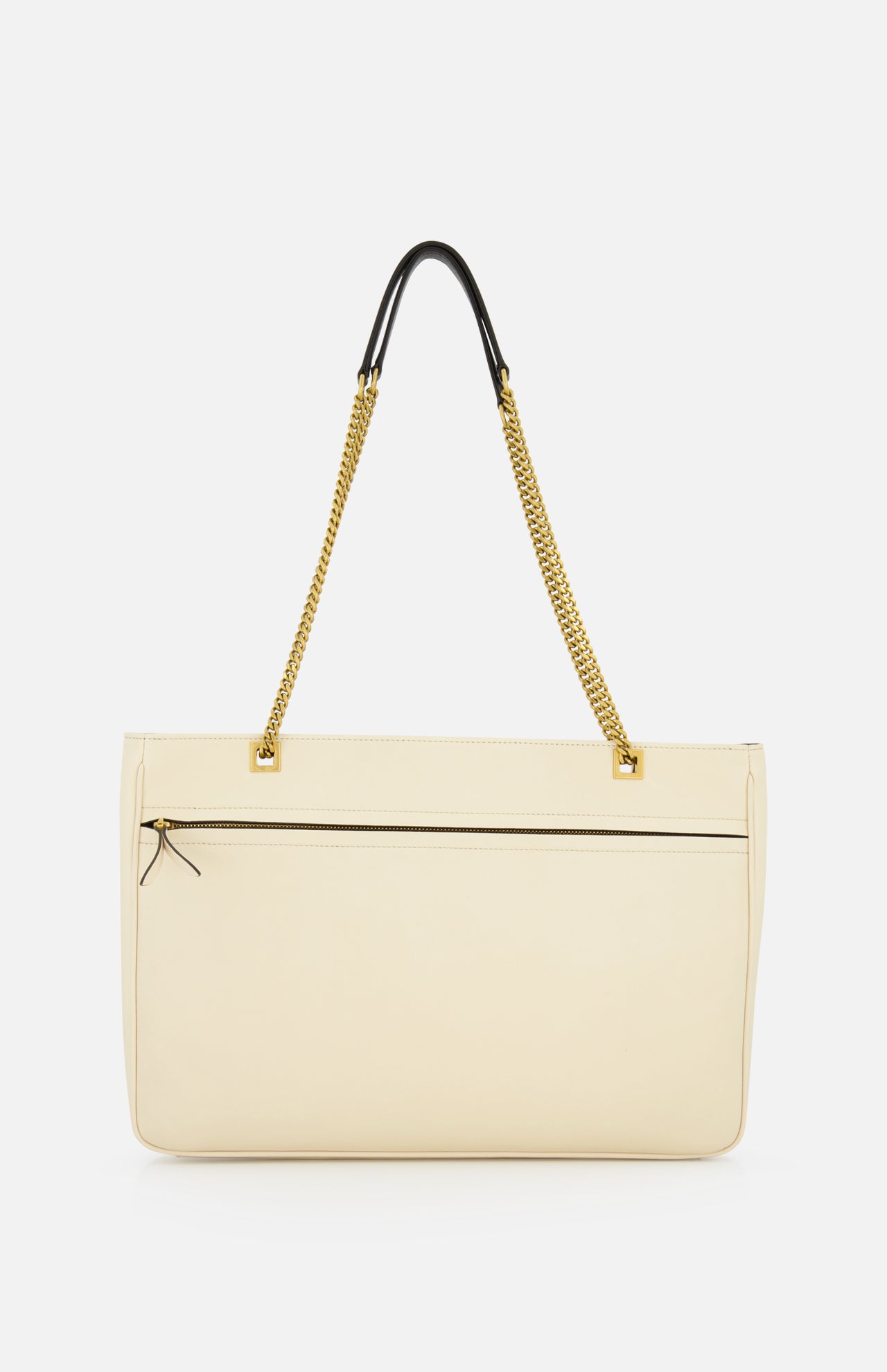 The VALENTINO GARAVANI Viva Superstar Medium Tote Bag is a cream leather handbag with a gold chain and black double shoulder strap, minimalist design, and front zip pocket. Shown on a plain white background.