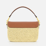 The VALENTINO GARAVANI Alltime Cherry Strap Shoulder Bag features a woven straw body, brown leather flap and handle, plus a cherry-embroidered ribbon strap, shown against a plain white background.