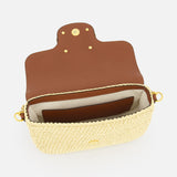 The VALENTINO GARAVANI Alltime Cherry Strap Shoulder Bag is a small beige woven raffia and leather bag with a brown flap, gold hardware, snap closure, inner pocket, and a chic cherry-embroidered ribbon strap.