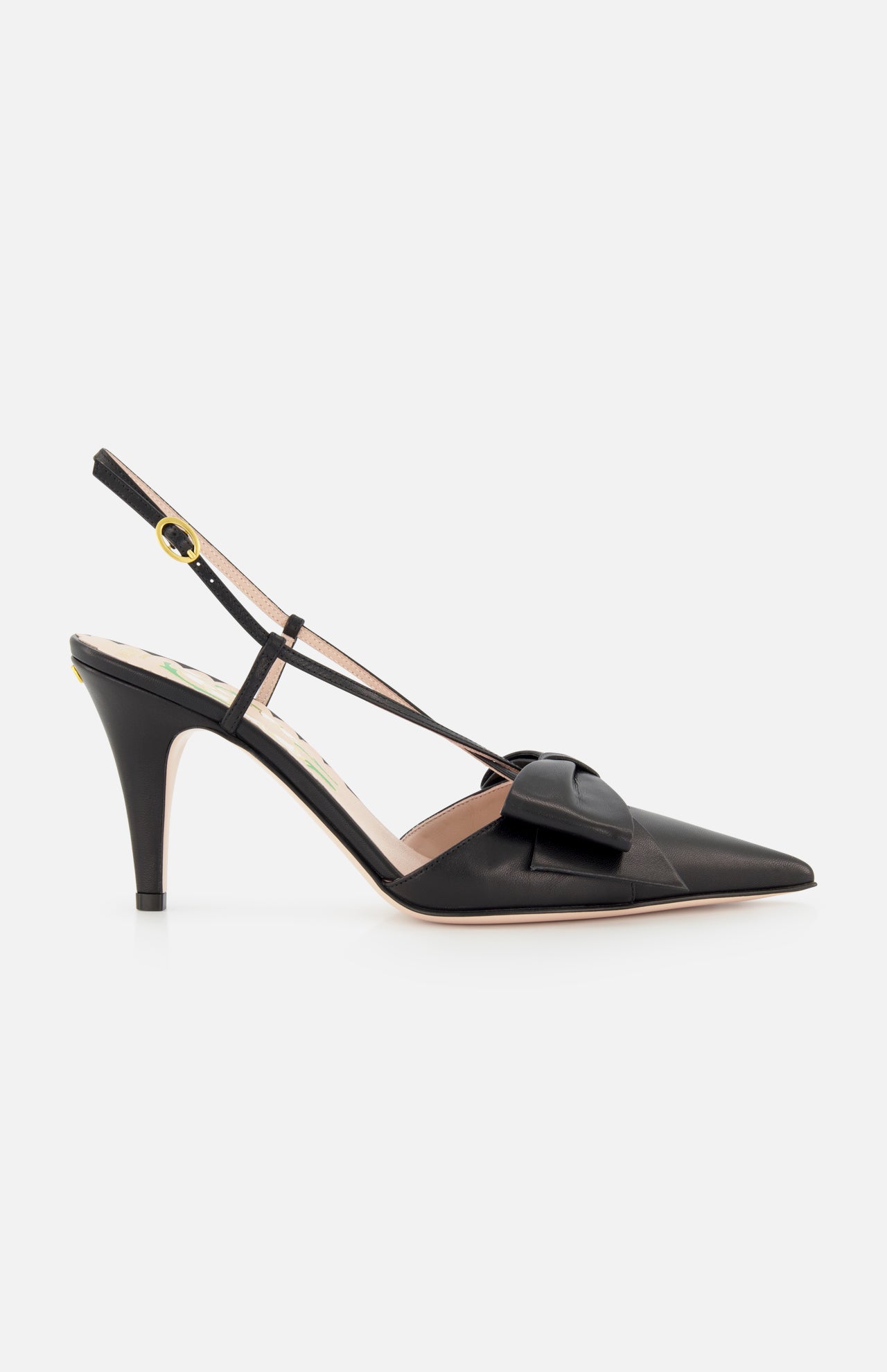 The Bowow Sling Back Heel by VALENTINO GARAVANI is a black leather pump with a pointed toe, decorative front bow, and an adjustable ankle strap with buckle.
