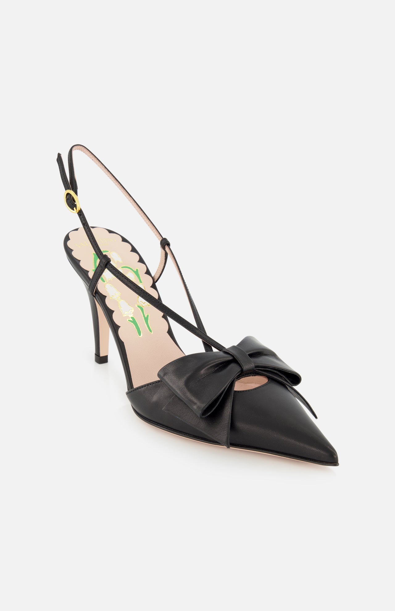 The VALENTINO GARAVANI Bowow Sling Back Heel is a black leather pump with a pointed toe, front bow detail, adjustable ankle strap, and floral-patterned insole, shown on a white background.