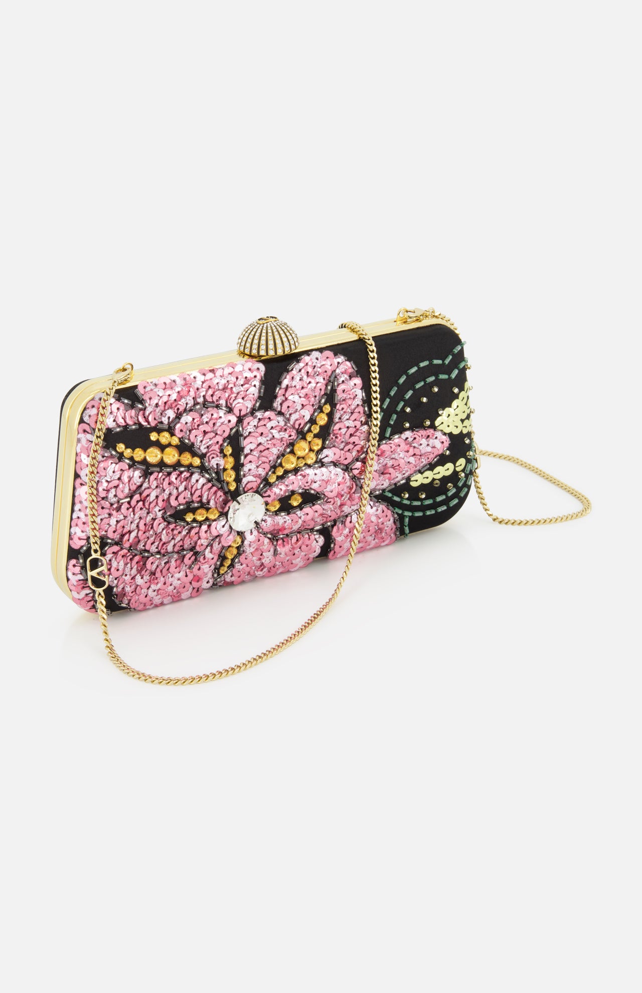 The VALENTINO GARAVANI Carry Secrets Miniaudiere Bag features a gold chain strap, jeweled clasp, and is adorned with pink, yellow, and green sequined floral patterns.