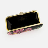 The Carry Secrets Minaudière Bag by Valentino Garavani is a black evening bag with an open gold frame, black interior, and Valentino label. The exterior shines with colorful beaded floral designs for a stunning effect.