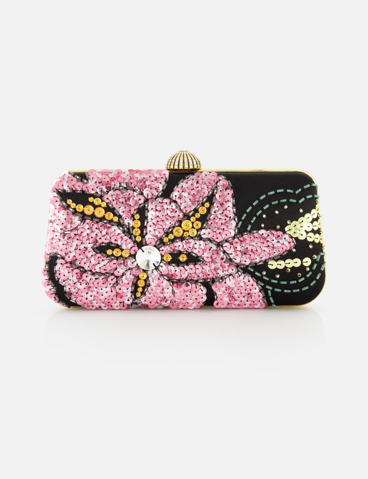 The Carry Secrets Miniaudiere Bag by VALENTINO GARAVANI is a rectangular evening bag with pink floral sequin patterns, gold sequins, and green stitched accents on black, topped with a round metallic clasp.