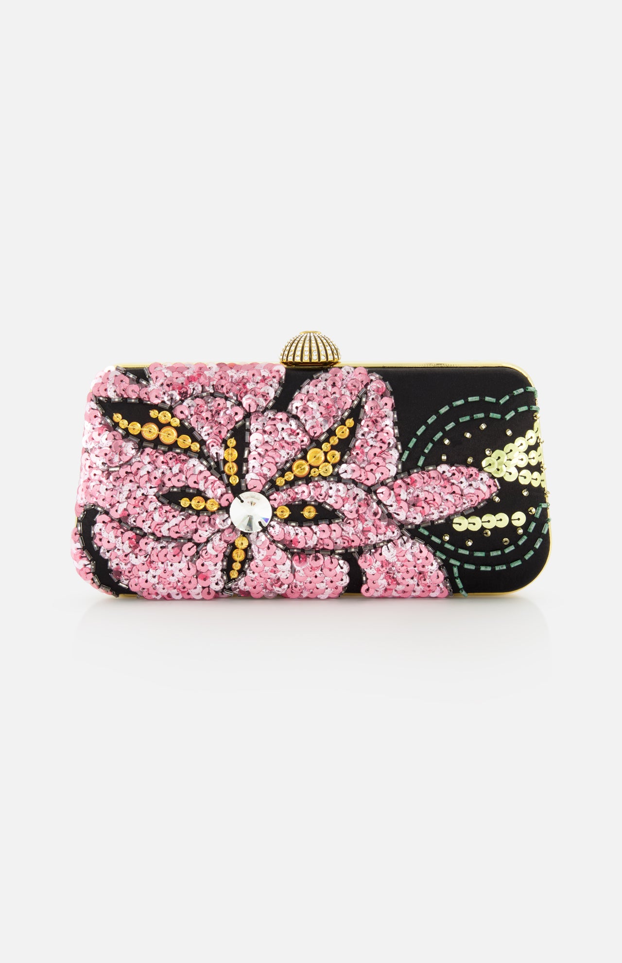 The Carry Secrets Miniaudiere Bag by VALENTINO GARAVANI is a rectangular evening bag with pink floral sequin patterns, gold sequins, and green stitched accents on black, topped with a round metallic clasp.