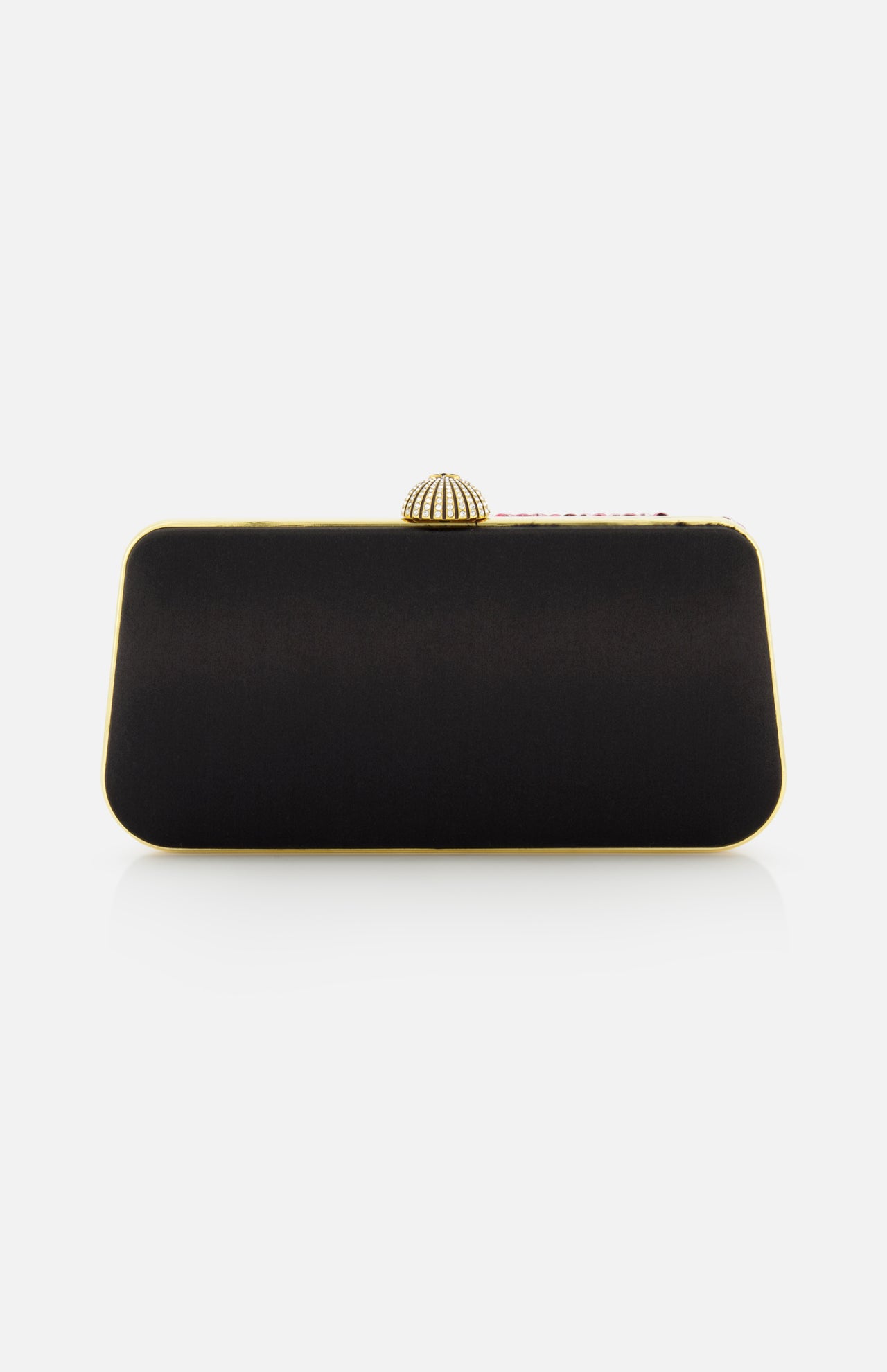 The VALENTINO GARAVANI Carry Secrets Miniaudiere Bag is a rectangular black clutch with gold edging and a decorative gold clasp, inspired by the elegance of Swarovski crystal clutches, set against a plain white background.