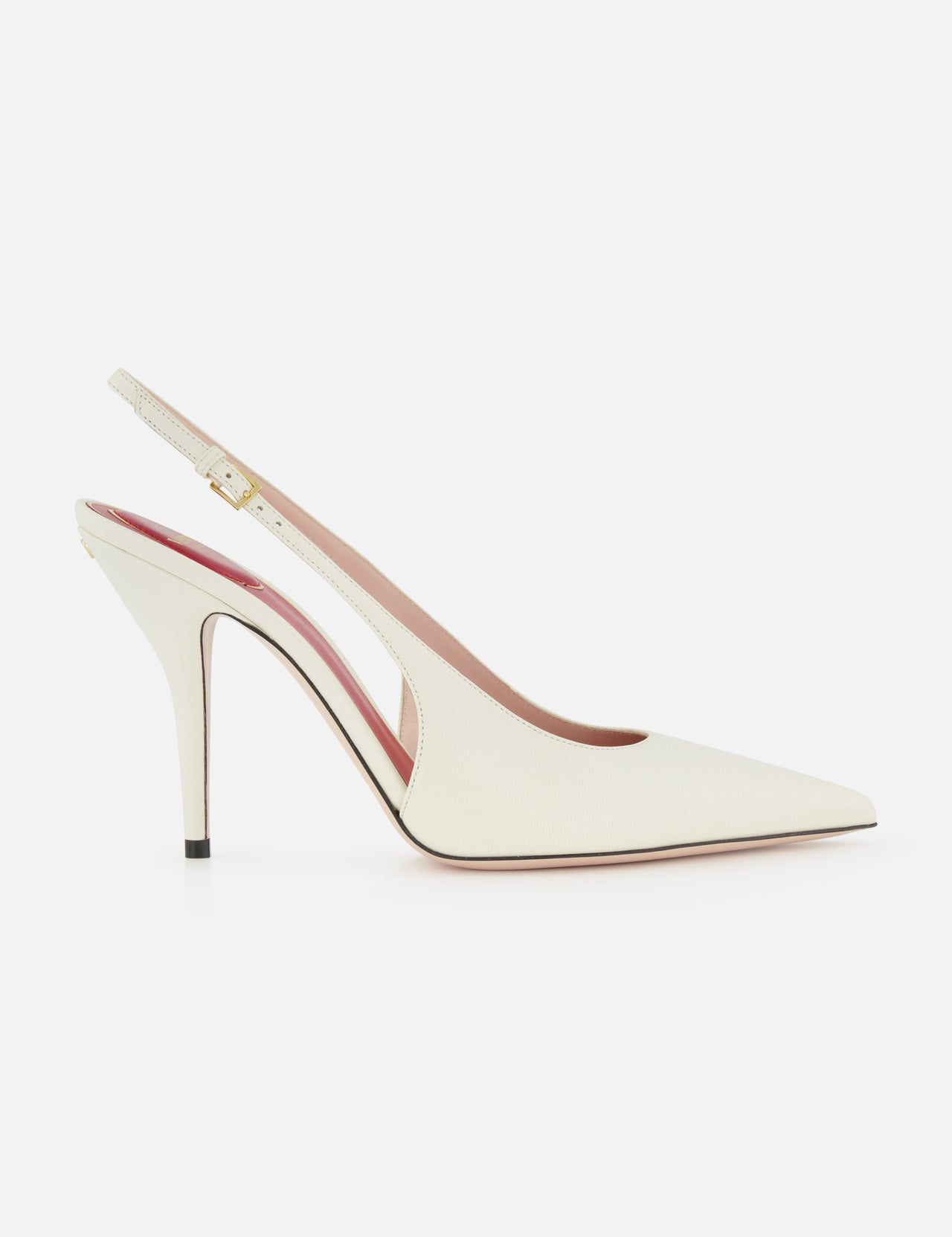 The VALENTINO GARAVANI Cuttie Sling Back Heel is an ivory leather shoe with a pointed toe, stiletto heel, and adjustable ankle strap, shown on a plain white background.