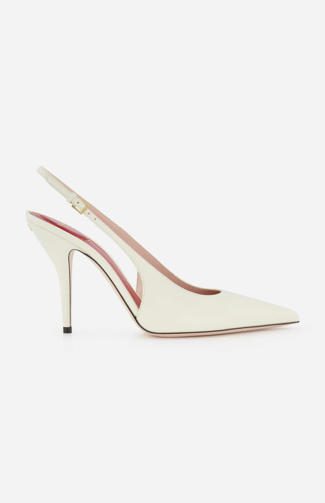 The VALENTINO GARAVANI Cuttie Sling Back Heel is an ivory leather shoe with a pointed toe, stiletto heel, and adjustable ankle strap, shown on a plain white background.