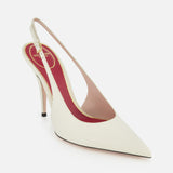 The Cuttie Sling Back Heel by VALENTINO GARAVANI features ivory leather, a pointed toe, red insole, and thin heel, shown against a plain white background.