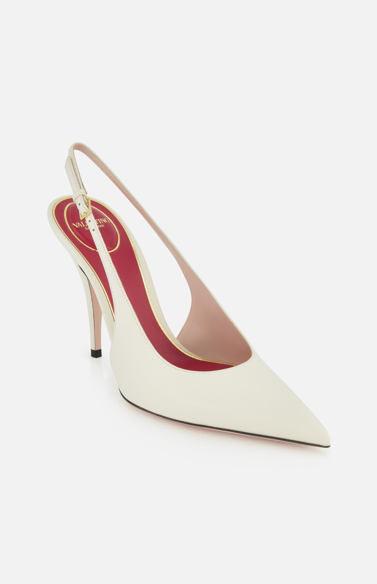 The Cuttie Sling Back Heel by VALENTINO GARAVANI features ivory leather, a pointed toe, red insole, and thin heel, shown against a plain white background.