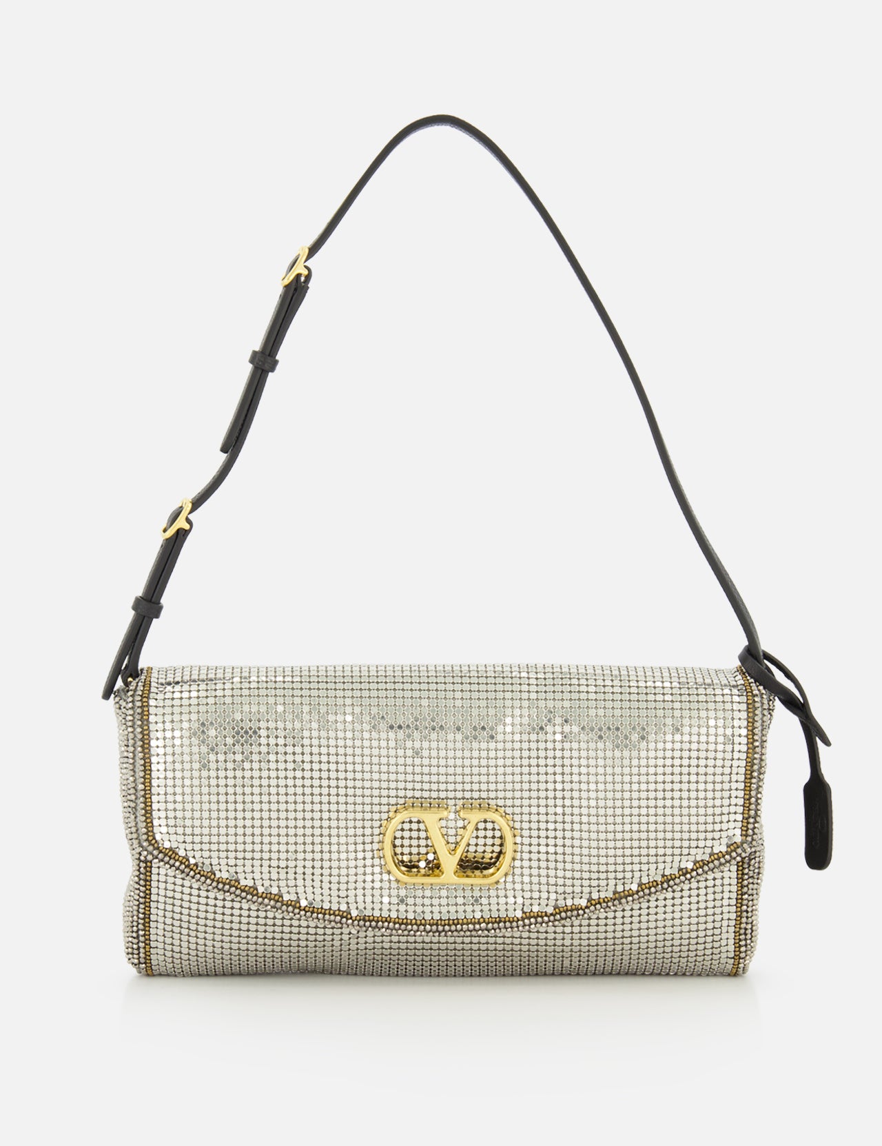 Valentino Garavani Devain Sequin Shoulder Bag featuring a rectangular silver sequin design, a gold-tone logo emblem on the front flap, and a slim black adjustable strap.