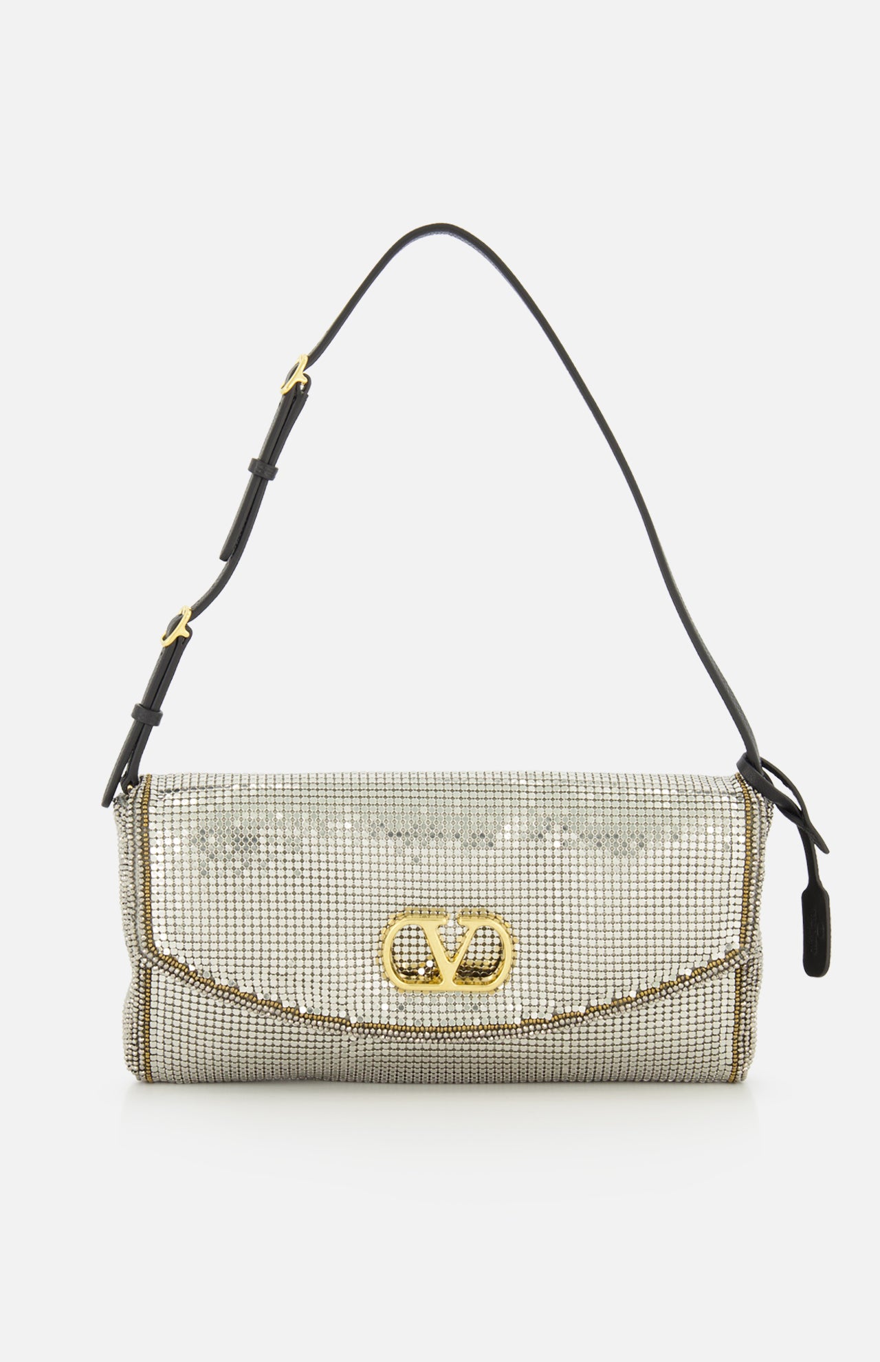 Valentino Garavani Devain Sequin Shoulder Bag featuring a rectangular silver sequin design, a gold-tone logo emblem on the front flap, and a slim black adjustable strap.