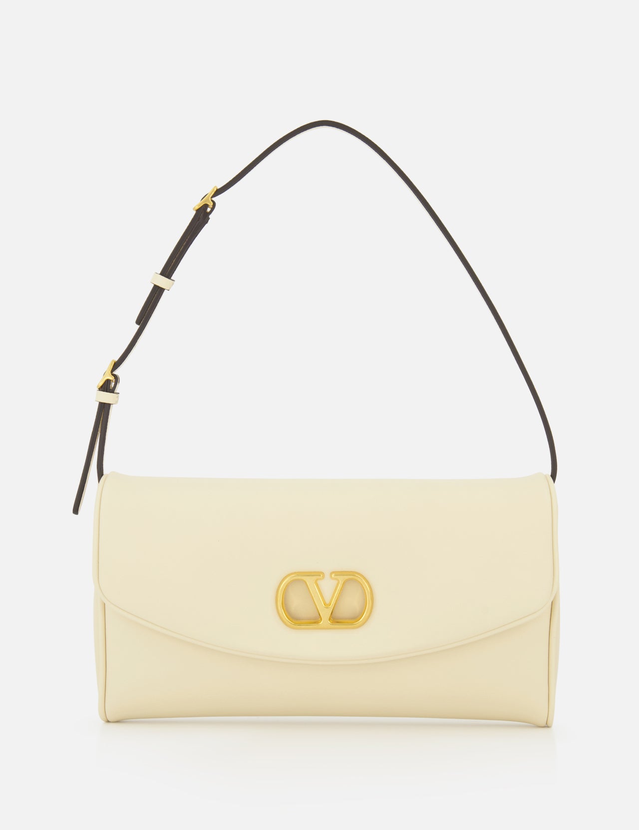 The Devain Small Shoulder Bag by VALENTINO GARAVANI is crafted from cream-colored lambskin leather and showcases gold VLOGO hardware on the front flap, with a short, adjustable dark strap and a minimalist, elegant design.