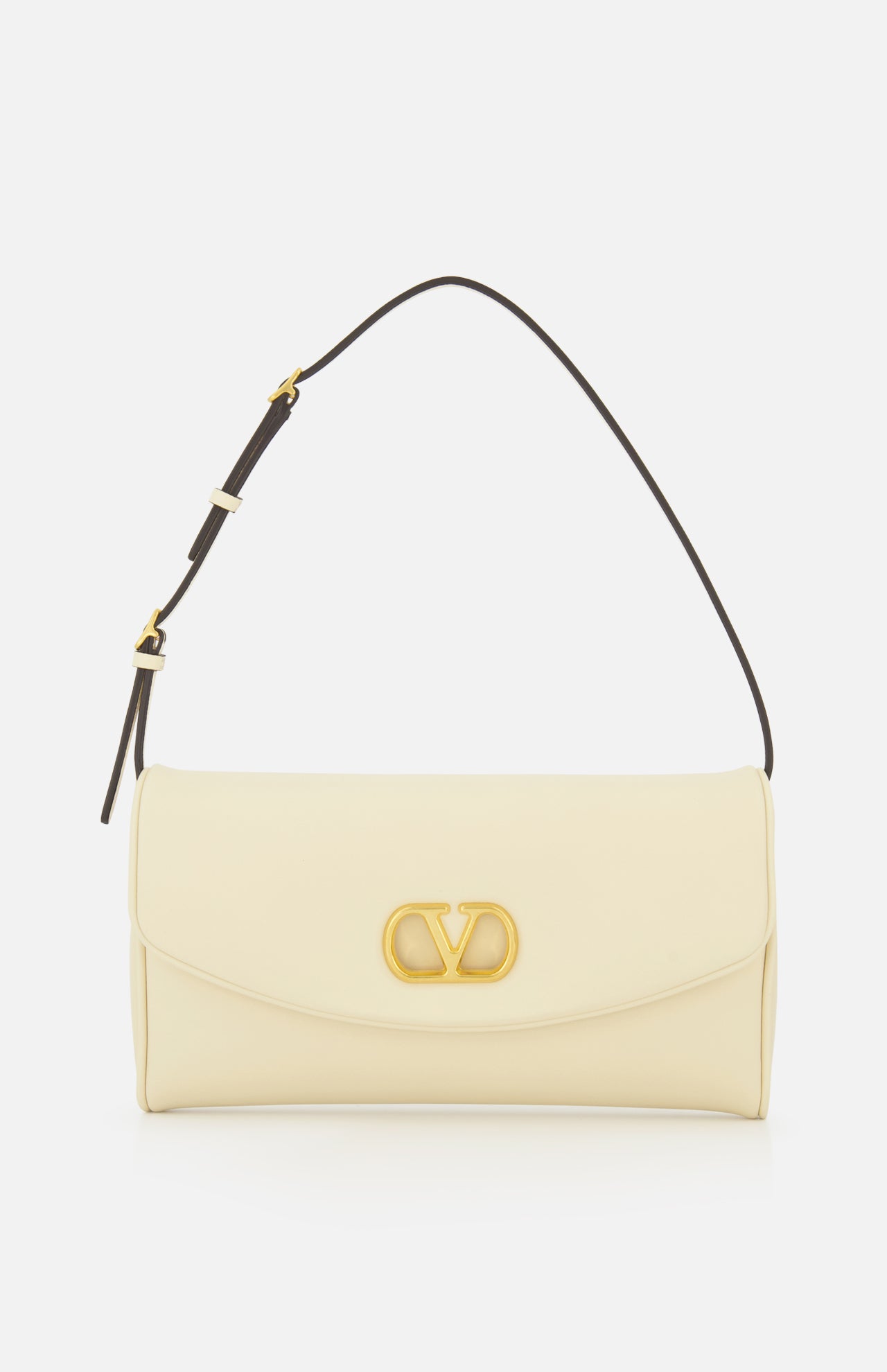 The Devain Small Shoulder Bag by VALENTINO GARAVANI is crafted from cream-colored lambskin leather and showcases gold VLOGO hardware on the front flap, with a short, adjustable dark strap and a minimalist, elegant design.