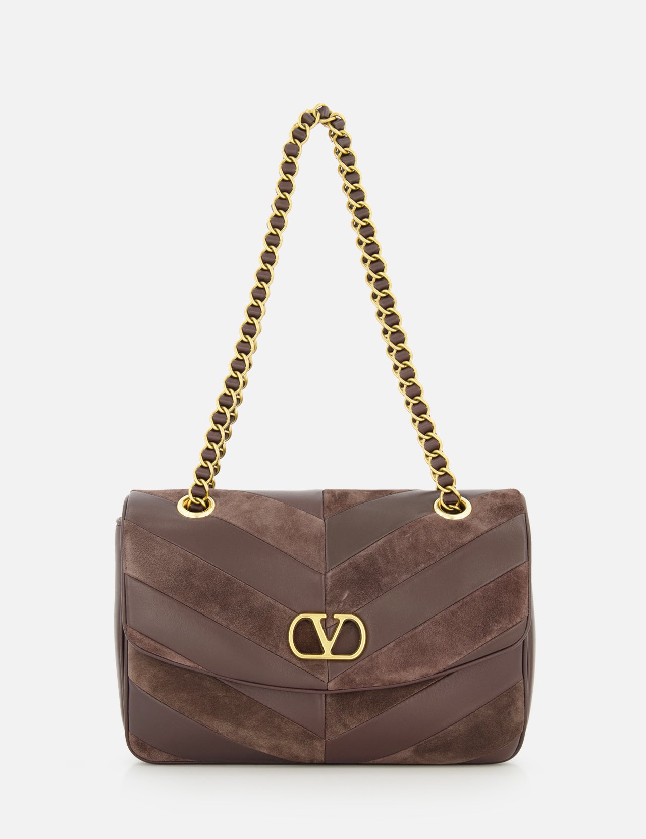 The Djuna Medium Chevron Shoulder Bag by VALENTINO GARAVANI is a brown designer leather shoulder bag with gold chain strap and gold logo clasp, featuring diagonal suede and leather panels, shown against a white background.