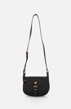 The VALENTINO GARAVANI Flaneuse Small Shoulder Bag in black leather showcases gold hardware, a long adjustable strap, and a front flap with gold buckle detail—an elegant designer accessory for any occasion.