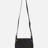 The VALENTINO GARAVANI Flaneuse Small Shoulder Bag is crafted from black leather with a long adjustable strap and gold-tone hardware. Its curved bottom and flap closure are shown elegantly against a plain white background.