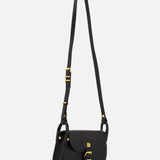 The VALENTINO GARAVANI Flaneuse Small Shoulder Bag features black leather, a flap closure, gold-tone metal buckle, and adjustable shoulder strap. Stylish and versatile, it's perfect for any occasion. Shown on a plain light background.