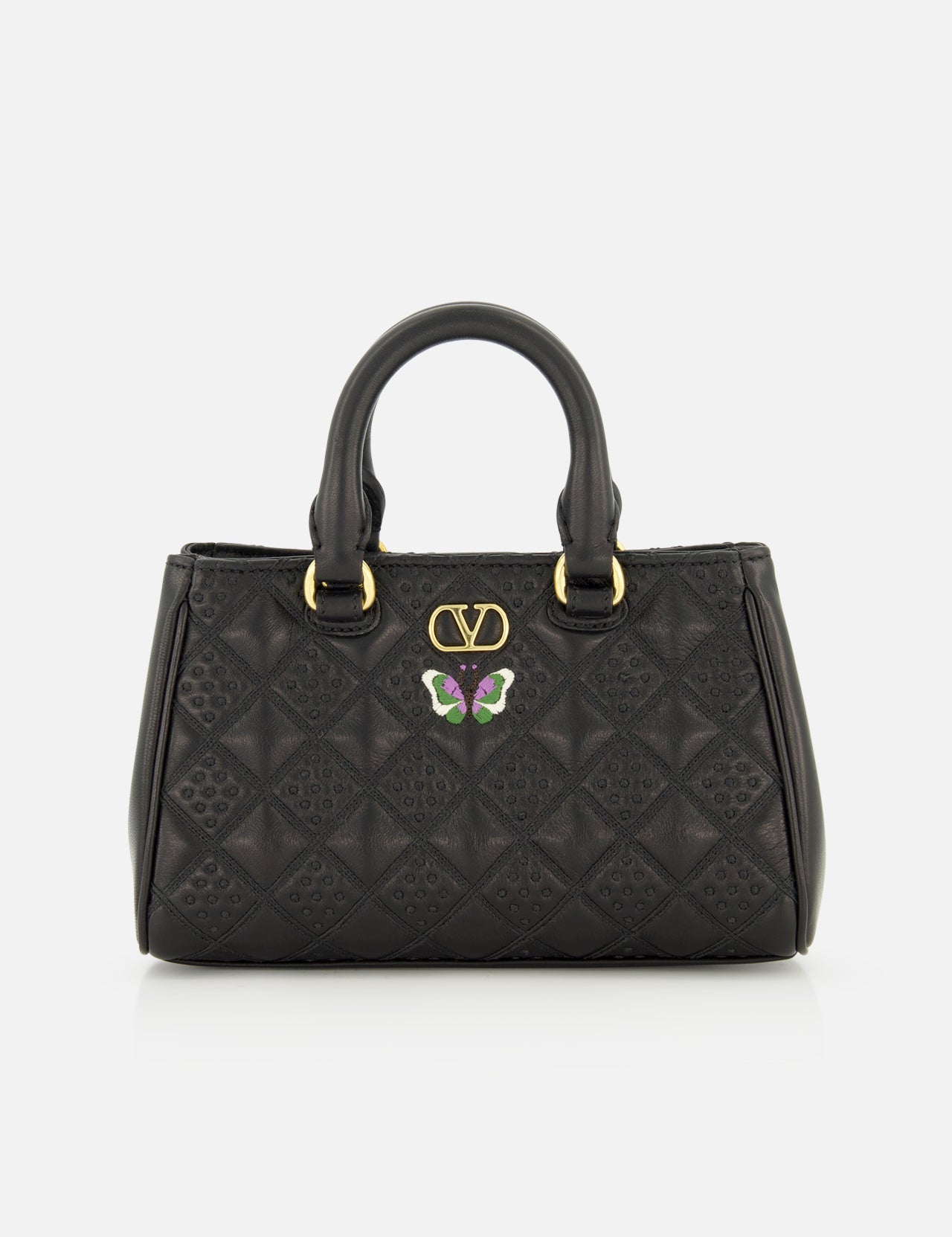 Valentino Garavani Flutterby Quilted Mini Bag in black lambskin featuring a gold logo and a small butterfly embellishment.