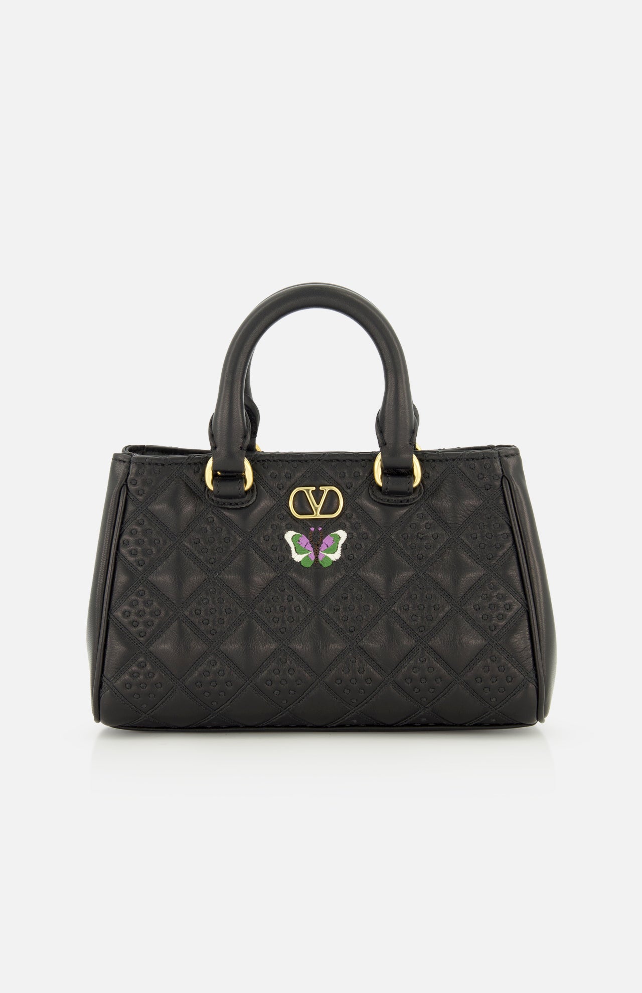 Valentino Garavani Flutterby Quilted Mini Bag in black lambskin featuring a gold logo and a small butterfly embellishment.