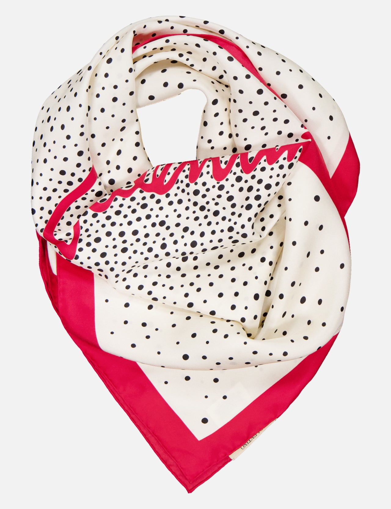 The VALENTINO GARAVANI Foulards Polka Dot Shawl features a white silk base with black polka dots, a bold pink border, and a wavy pink accent along one edge.