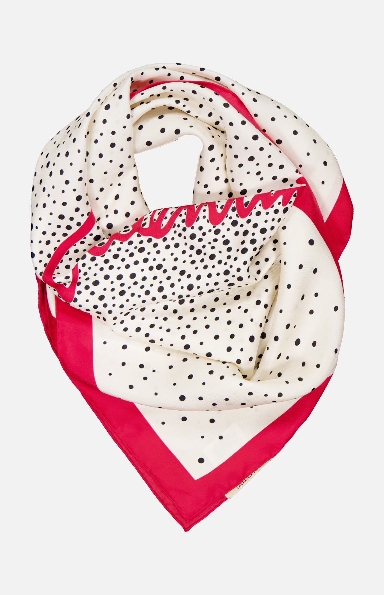 The VALENTINO GARAVANI Foulards Polka Dot Shawl features a white silk base with black polka dots, a bold pink border, and a wavy pink accent along one edge.