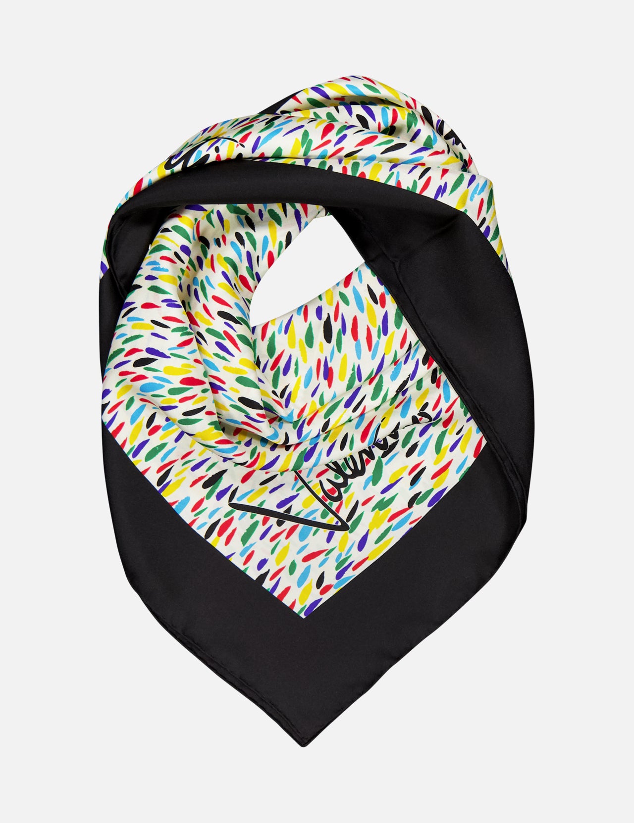 The VALENTINO GARAVANI Foulards Painterly Logo Shawl is a square silk scarf featuring a black border, vibrant multicolored abstract brush stroke print, and a stylish signature displayed on one corner.