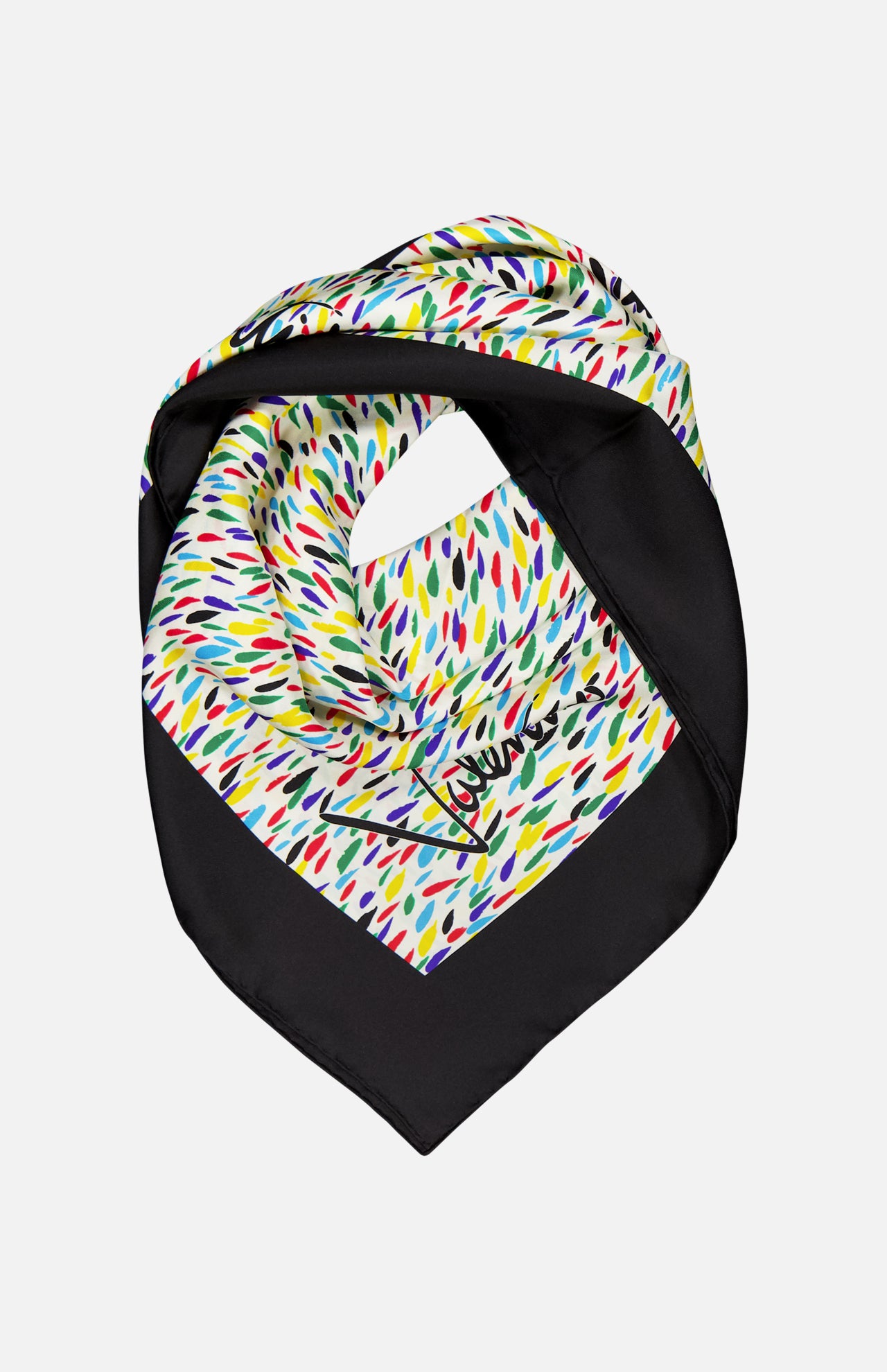 The VALENTINO GARAVANI Foulards Painterly Logo Shawl is a square silk scarf featuring a black border, vibrant multicolored abstract brush stroke print, and a stylish signature displayed on one corner.