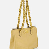 The VALENTINO GARAVANI Laseine Small Tote Bag, in gold-beige with gold chain straps and a gold V logo on the front, is photographed against a plain white background.