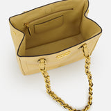 The VALENTINO GARAVANI Laseine Small Tote Bag in gold-beige features a gold chain strap, a spacious interior, a zippered pocket, and a small slip pocket against the lining.