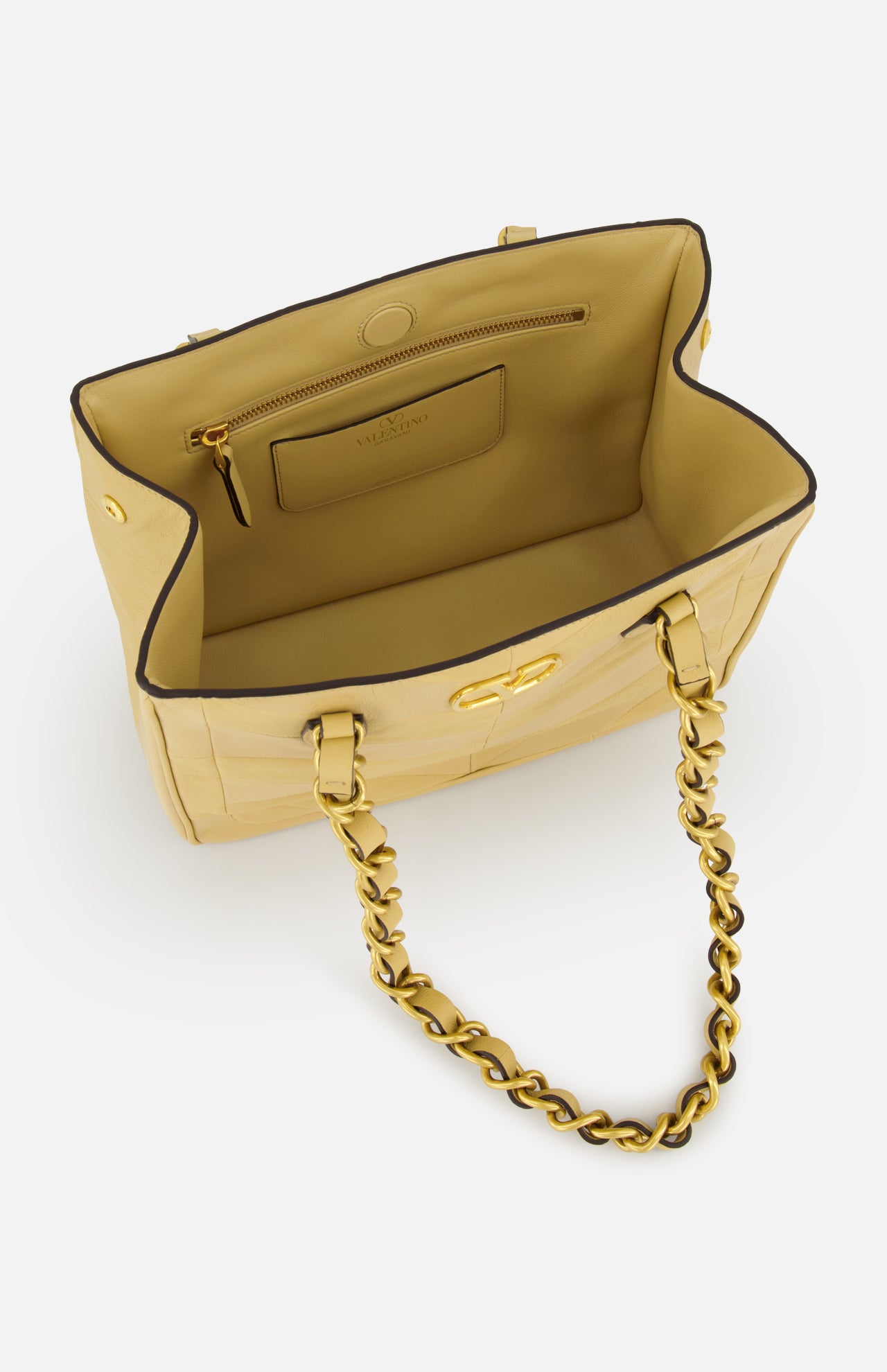 The VALENTINO GARAVANI Laseine Small Tote Bag in gold-beige features a gold chain strap, a spacious interior, a zippered pocket, and a small slip pocket against the lining.